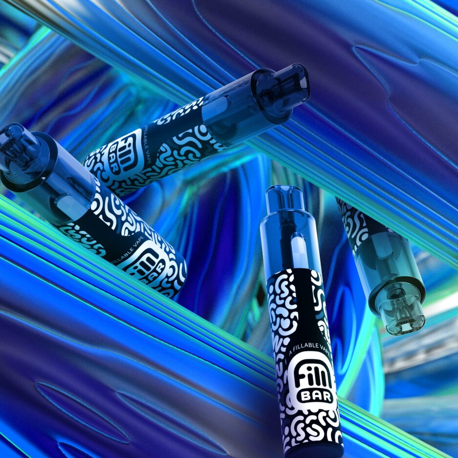 Four Fill Bars at the center angled on two large abstract metallic objects, more objects can be seen in the background but blurred, all with a neon blue and green color tone applied giving the photo a dramatic feeling, as the color also attached itself onto the Fillable Vapes.