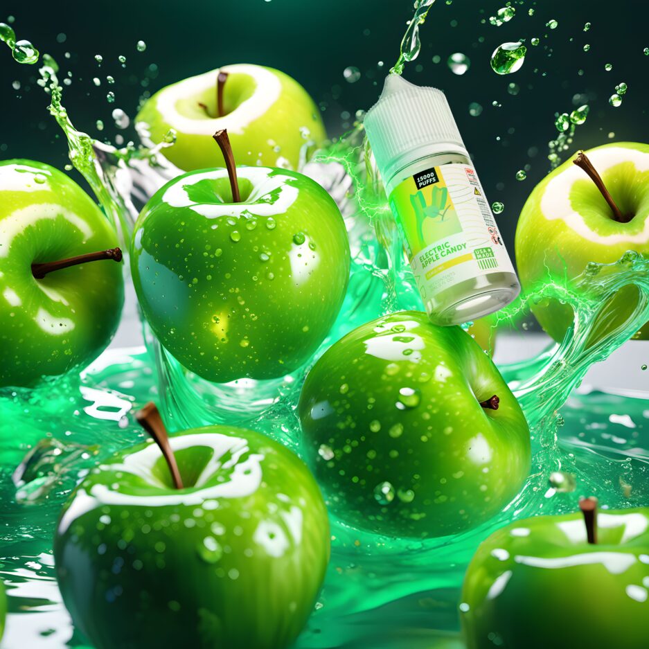 A giant splash of neon green liquid with green apples dispersing in the air from the splash, with Electric Apple Candy on top of an apple slanted illuminated by the neon liquid.