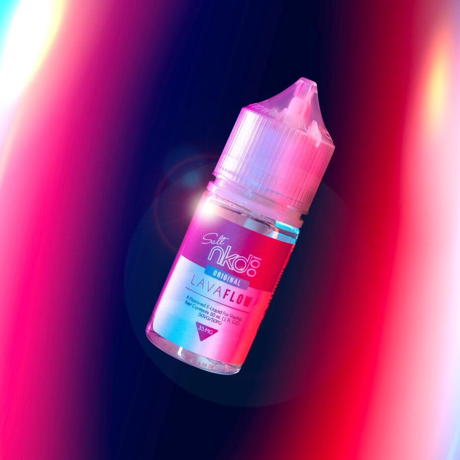 Lava Flow floating aimlessly in a void with heavy neon iridescent and red lights on the sides that illuminate the bottle.