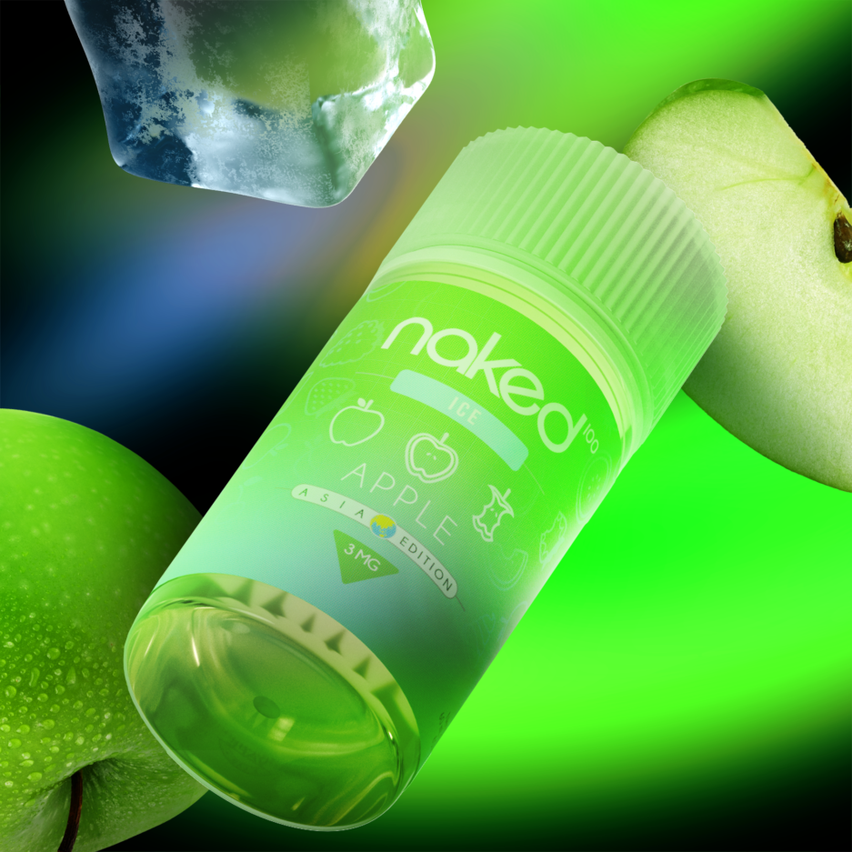 Neon green lights and dramatic lighting, Apple is angled at the center of the image with apple slices and an ice cube on the sides of the image.