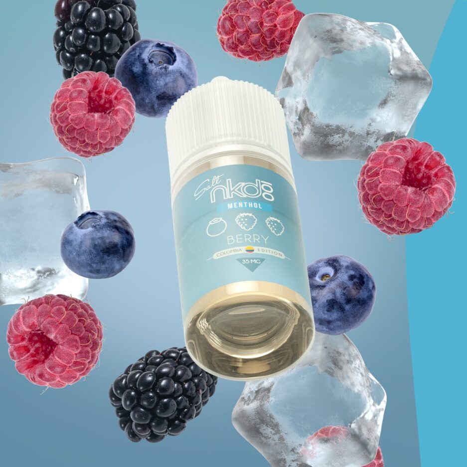 Berry floating in the center image with Blueberries, ice cubes, raspberries, and blackberries surrounding it to exemplify the flavor of the product.