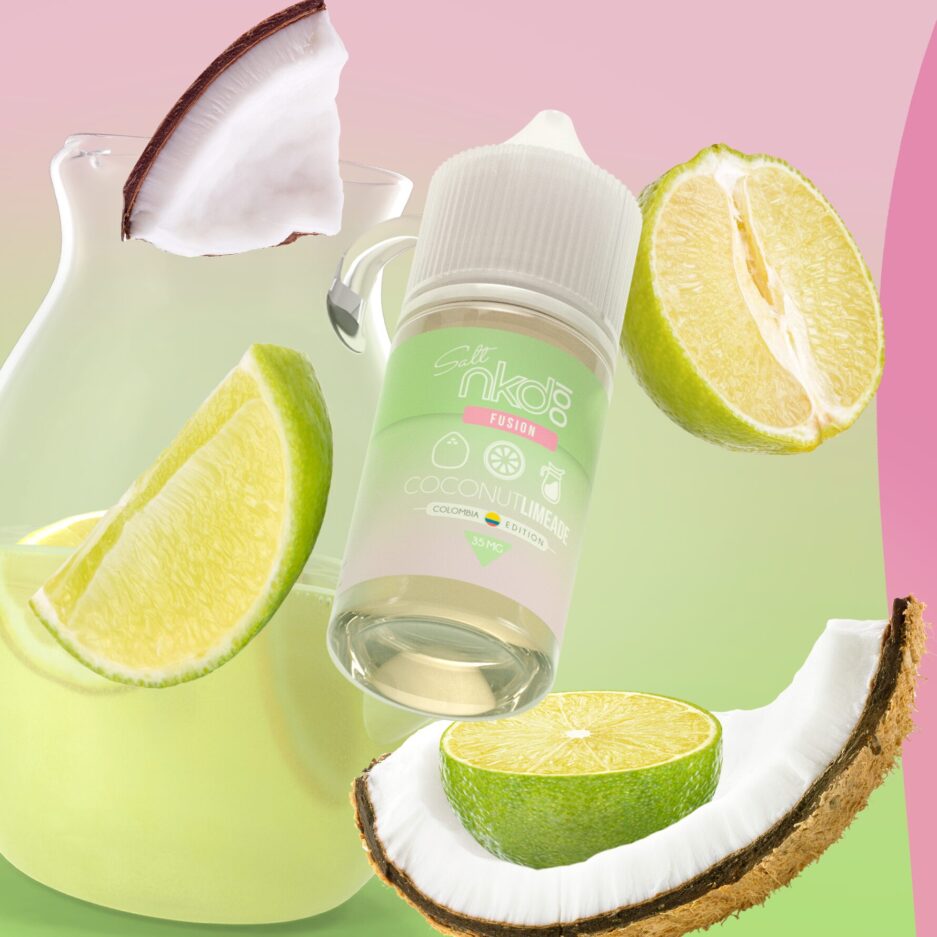 Coconut Limeade floating in the center image with Limeade, sliced limes, and coconuts surrounding it to exemplify the flavor of the product.