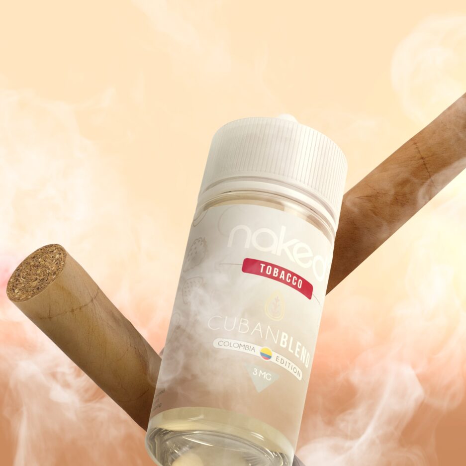 Cuban Blend floating in the center in front of two Cuban cigars. Smoke is all throughout the image with a complimenting background color.