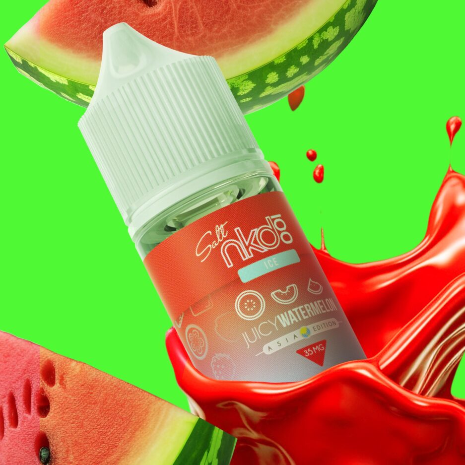 Juicy Watermelon is flying partially inside a red liquid splashing in the air with watermelon pieces flying to the left, with a neon green seamless background.