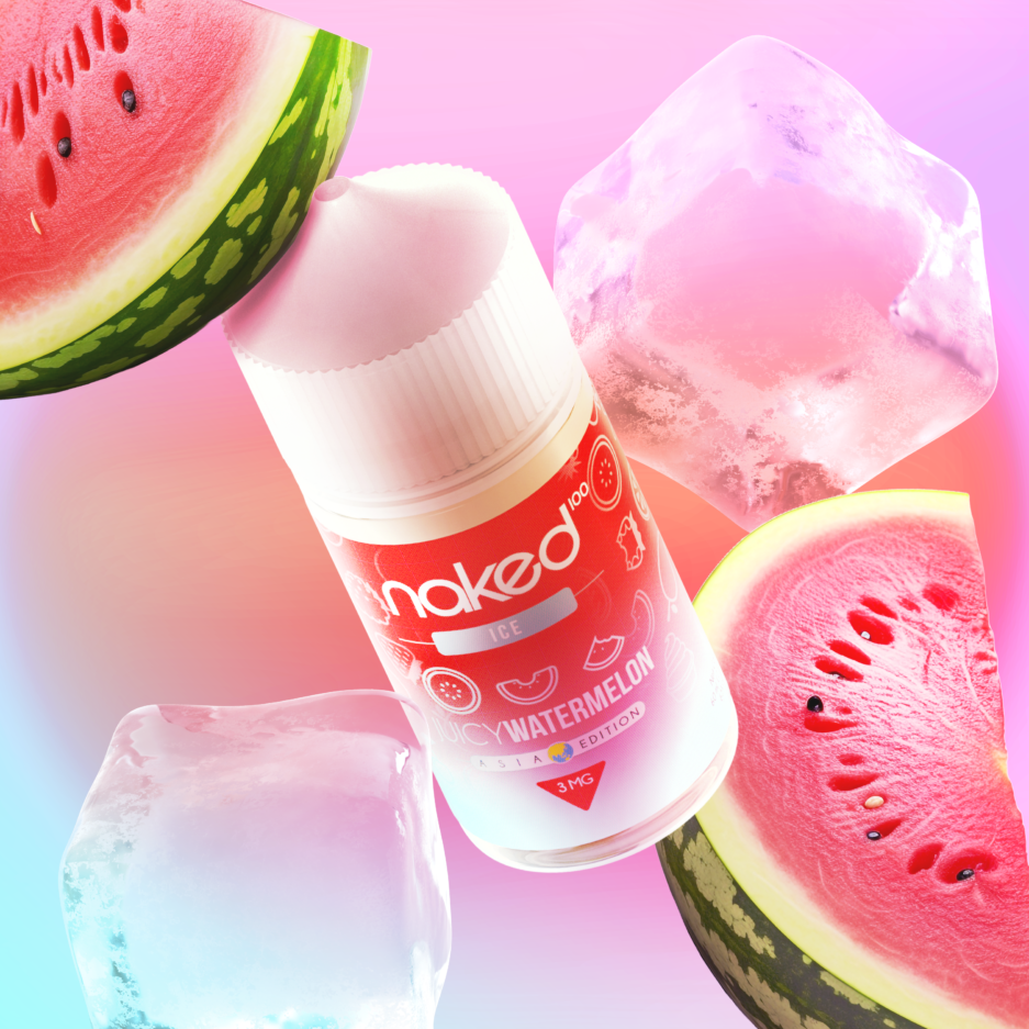 Juicy Watermelon is floating at the center of a nicely lit neon color setting. Watermelon pieces and large ice cubes are flying on the sides of the image, with the bottle illuminated by the lights.