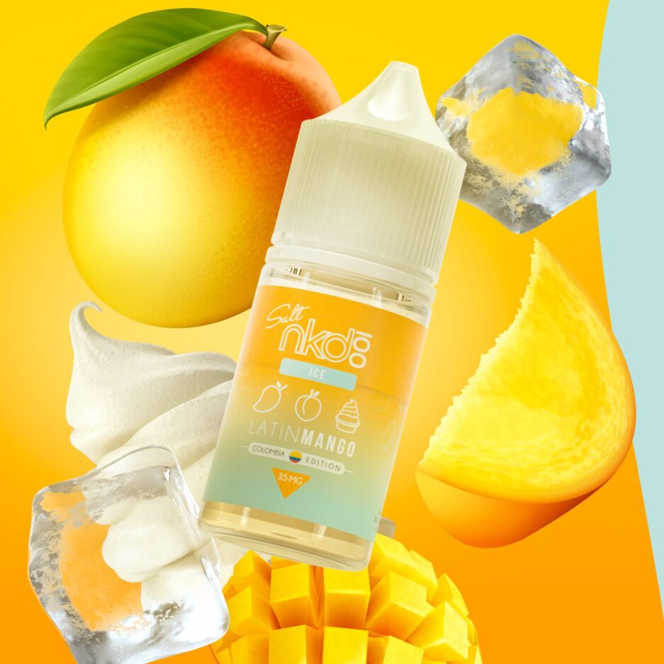 Latin Mango floating in the center image with Mangos, ice cubes, and cream surrounding it to exemplify the flavor of the product.