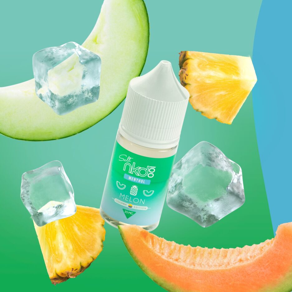 Melon floating in the center image with pineapple slices, ice cubes, melon, and cantaloupe surrounding it to exemplify the flavor of the product.