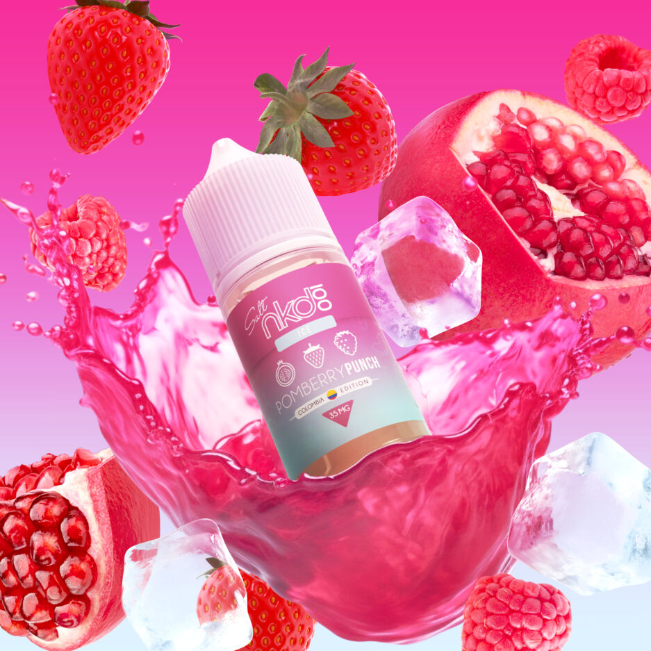 Pom Berry Punch is center stage bursting out of a splash of fruit punch with strawberries, pomegranates, raspberries, and ice cubes all bursting outwards.