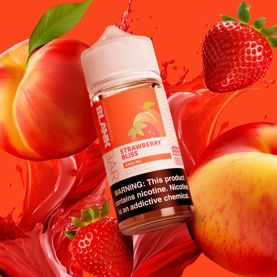 Strawberry Bliss at the center in between two peaches and strawberries flying, with a big splash of peach and strawberry juice flying from behind with a. vibrant orange and red seamless background.