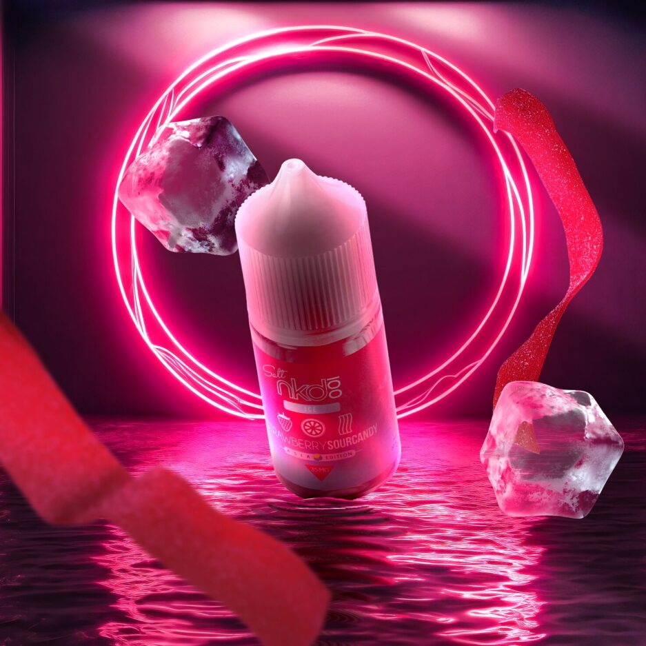 Set in a dramatic and dark setting with an ocean floor and a large neon circular light illuminating the area, Strawberry Sour Candy is at the center falling into the water and being illuminated by the neon light behind, with ice cubes and sour candy strips falling into the water.