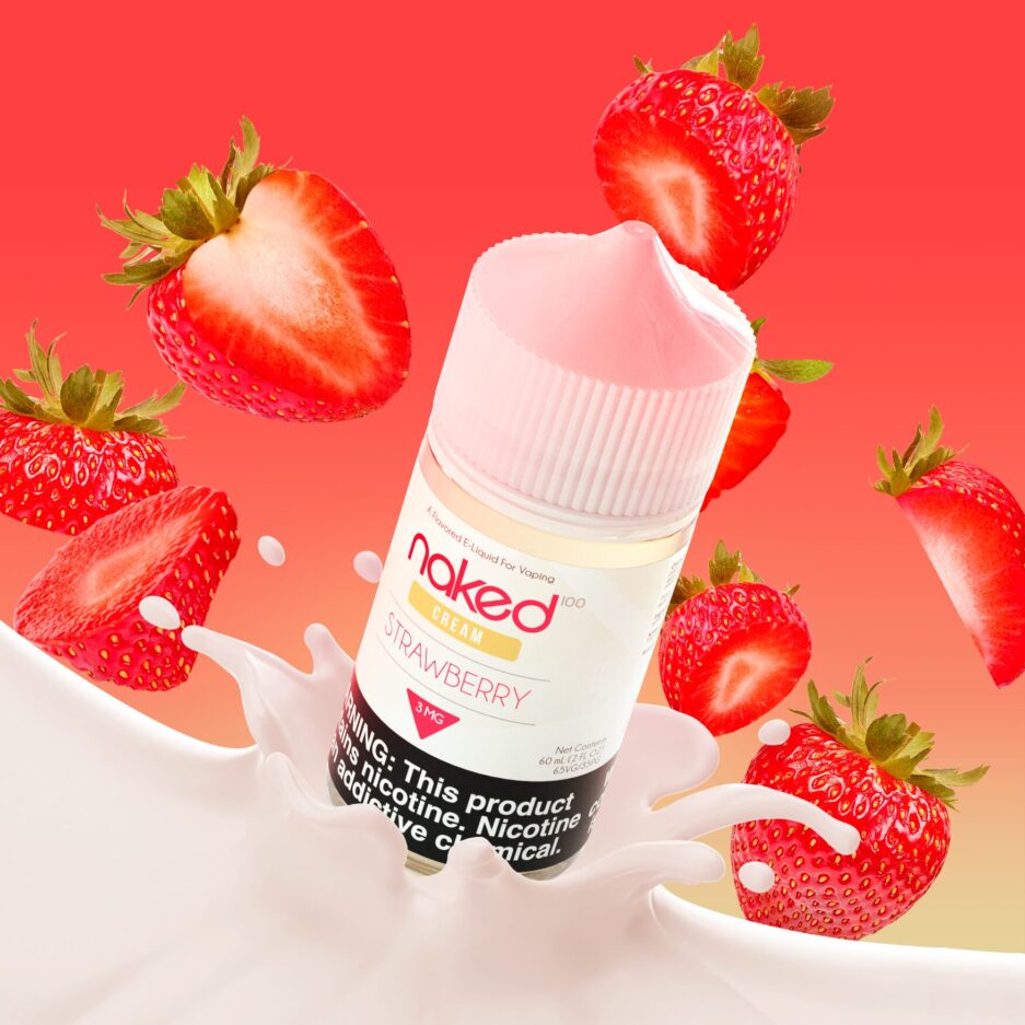 Strawberry Cream is plunging into a cream sea, with strawberries covering up the area behind the bottle, with a seamless red and cream colored background