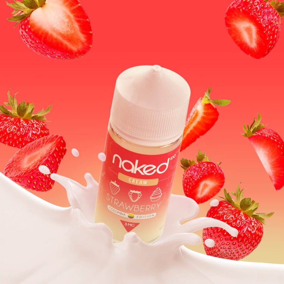 Strawberry Cream is splashing outside of a wave of cream, with strawberries flying all at once.