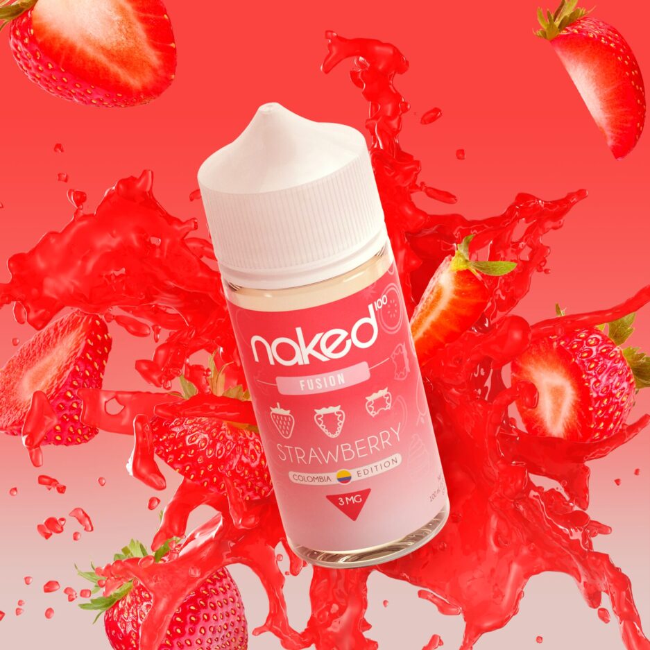 Strawberry Fusion splashes towards the screen, being in front of a big splash of red liquid and strawberry pieces flying outwards and folloeing the direction of the bottle.