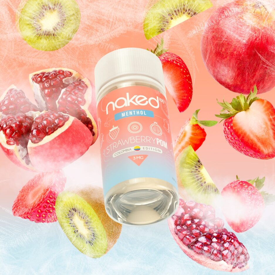 Strawberry Pom is flying in the air at the center with pomegranates, strawberries, and kiwis all falling to the bottom of the image. The image is layered with a thin frost to exemplify the menthol the flavor provides.