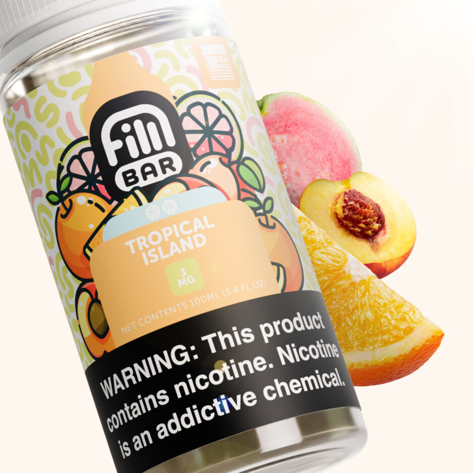 Tropical Island is close up followed by a line of an orange, peach, and guava slice behind it exemplifying the flavor within the product.