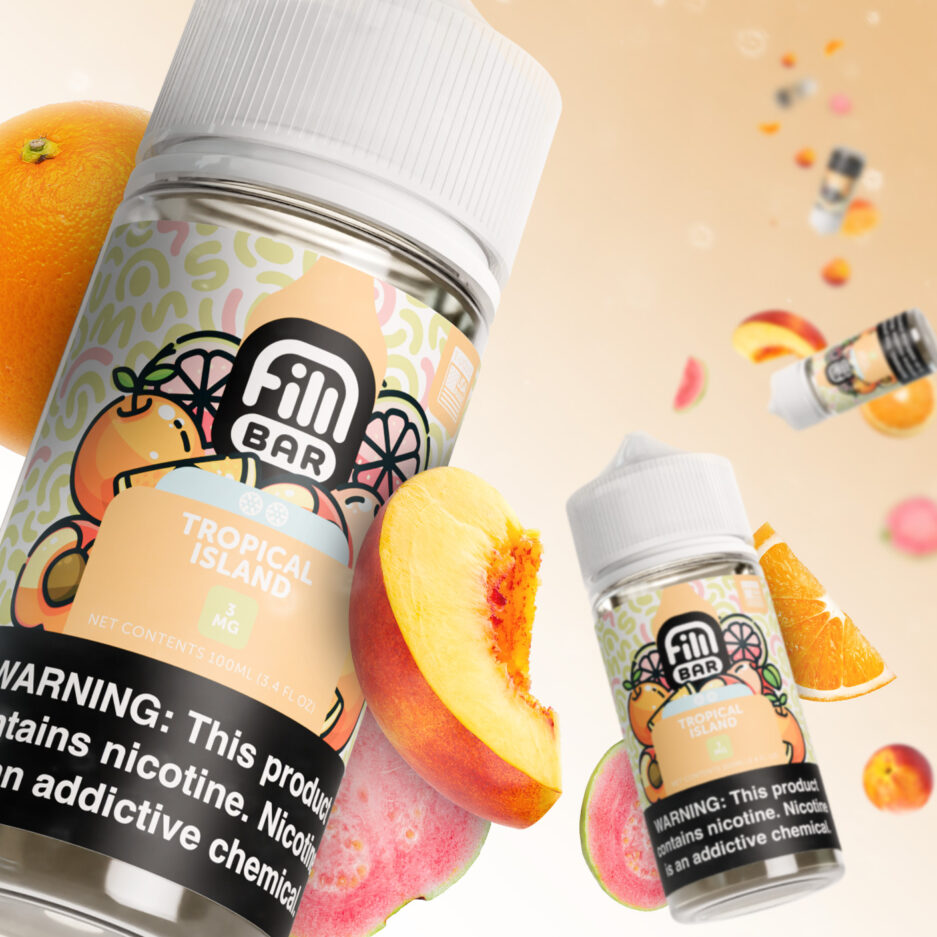 Tropical Island takes up the image where everything else is a blur in motion. Peach slices and oranges and guavas floating in the foreground blurred along with other Tropical Island bottles and Oranges and Peaches and Guavas floating in the background.