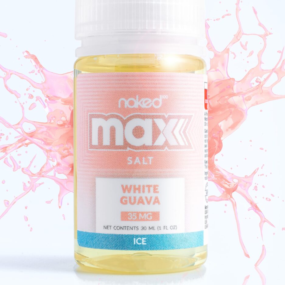 White Guava close up in an all white room with a big splash of pink liquid hitting the bottle from behind.