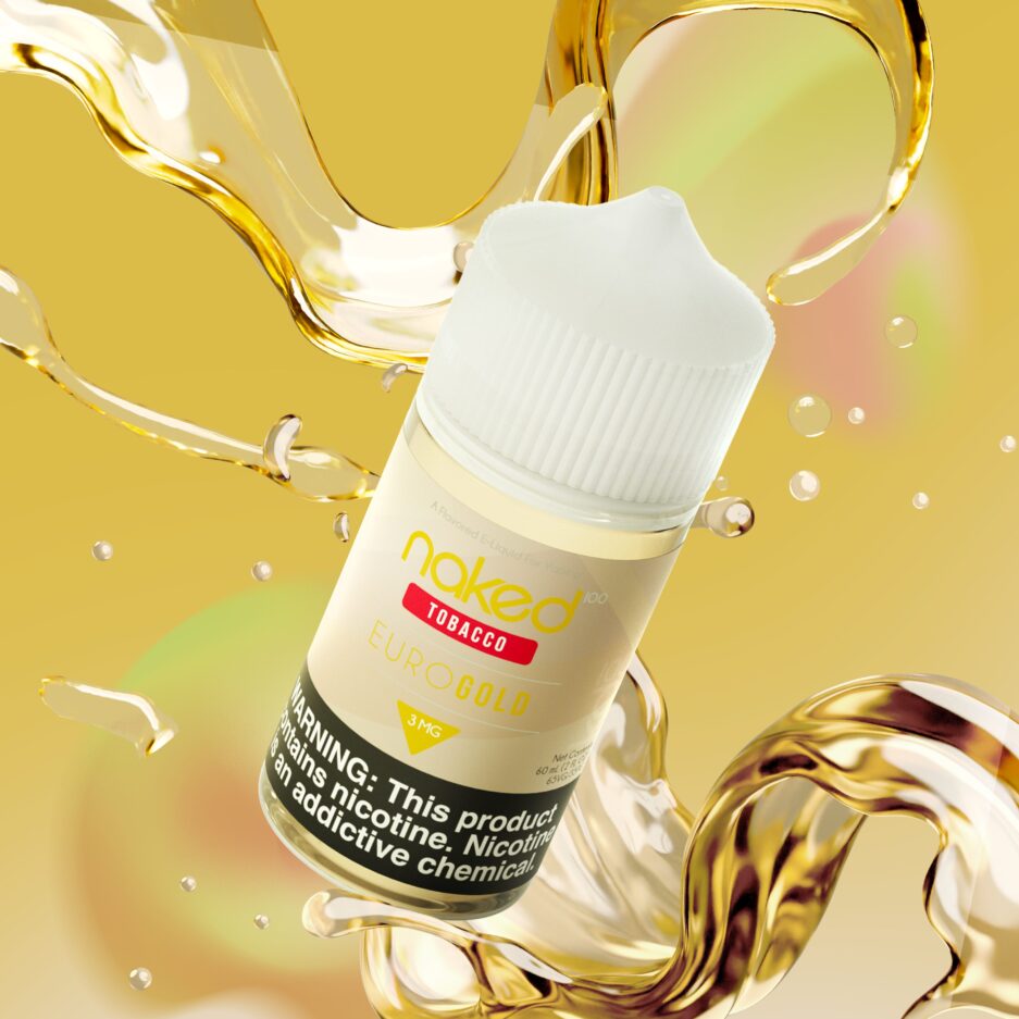 Naked100 Euro Gold Floating in between splashes of e-liquid with a complementing background color.