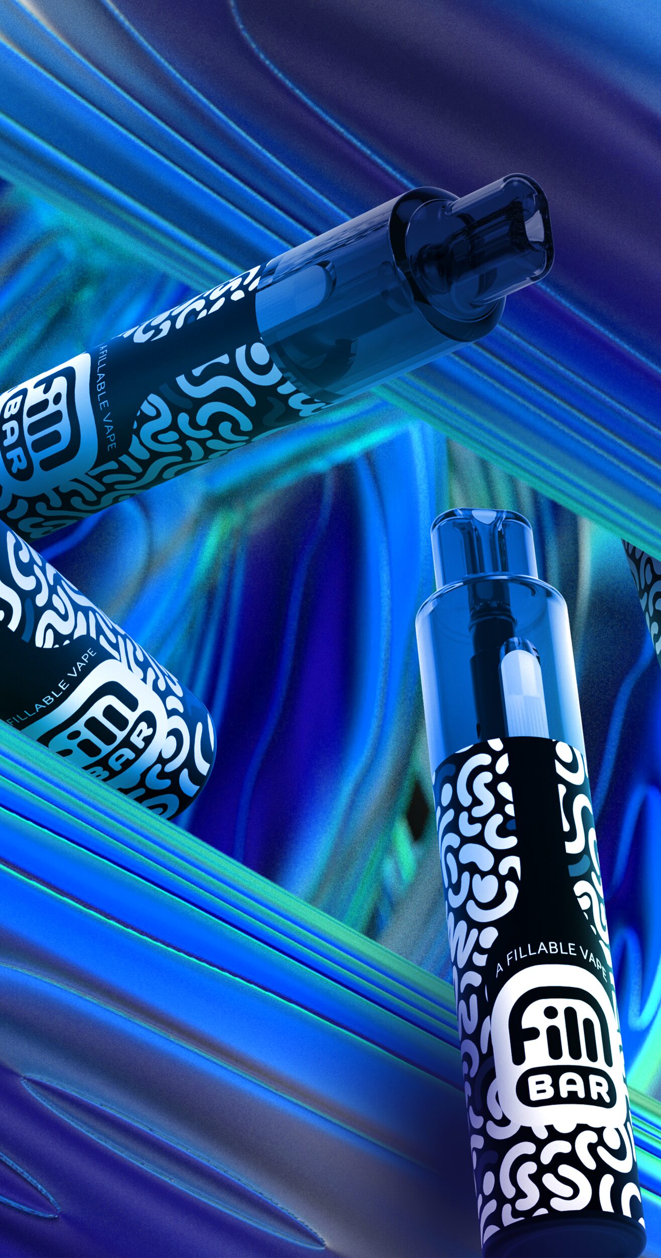 Three Fill Bars at the center angled on two large abstract metallic objects, more objects can be seen in the background but blurred, all with a neon blue and green color tone applied giving the photo a dramatic feeling, as the color also attached itself onto the Fillable Vapes.