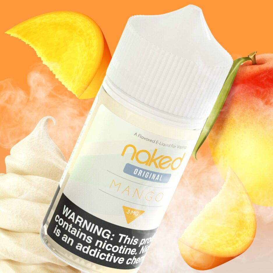 Mango is front and center of the image with mango slices and a dollop of cream sit behind the bottle exemplifying the ingredients, with smoke rising from below and flowing through all of the objects in the image.