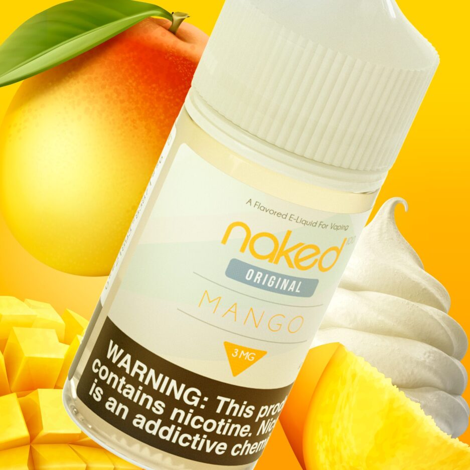 Mango is front and center of the image with mango slices and a dollop of cream sit behind the bottle exemplifying the ingredients.