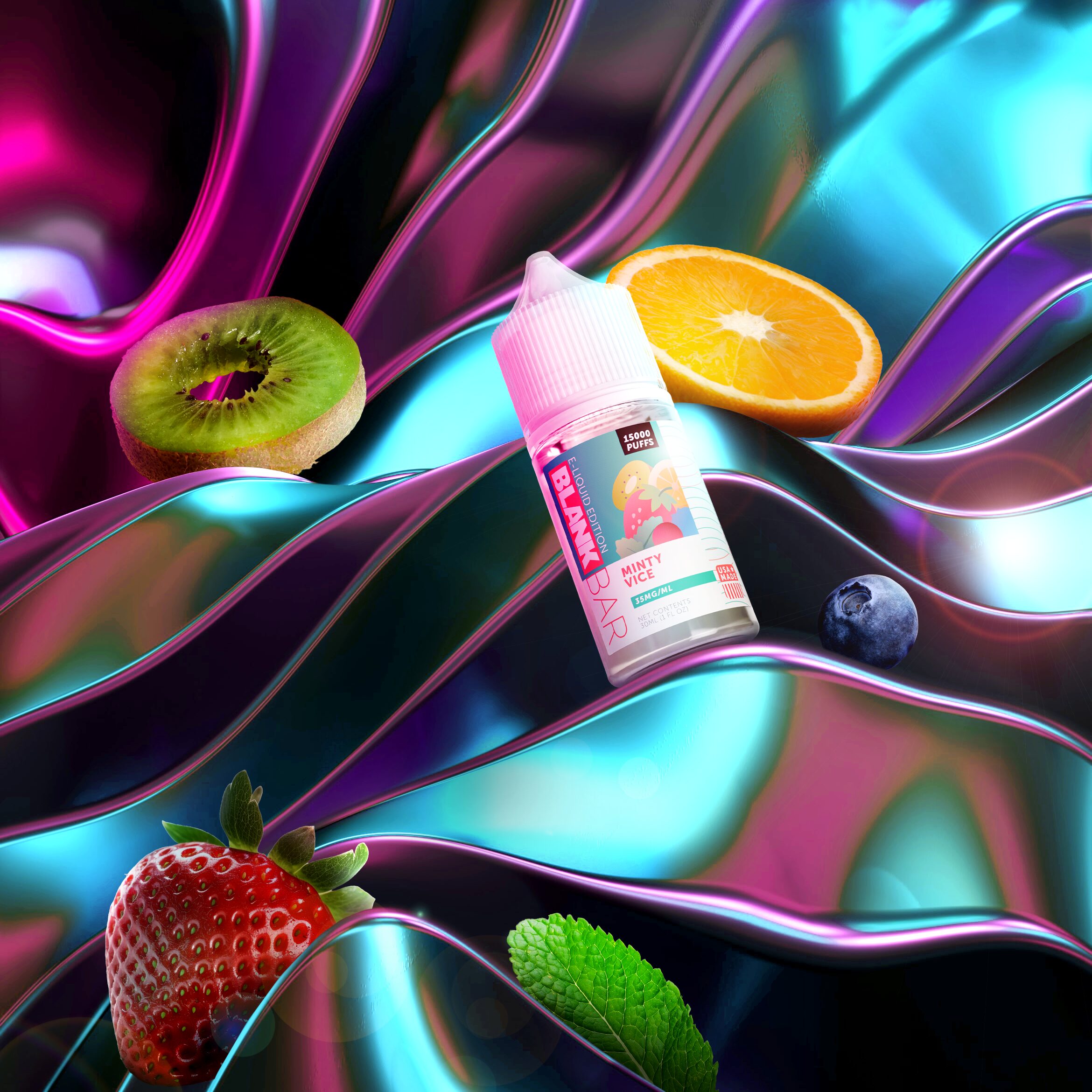 Minty Vice sits angled on an abstract wavy metallic object covering the area, with an orange, kiwi, strawberry, blueberry, and mint leaf exemplifying the ingredients of the product spread out around the image.