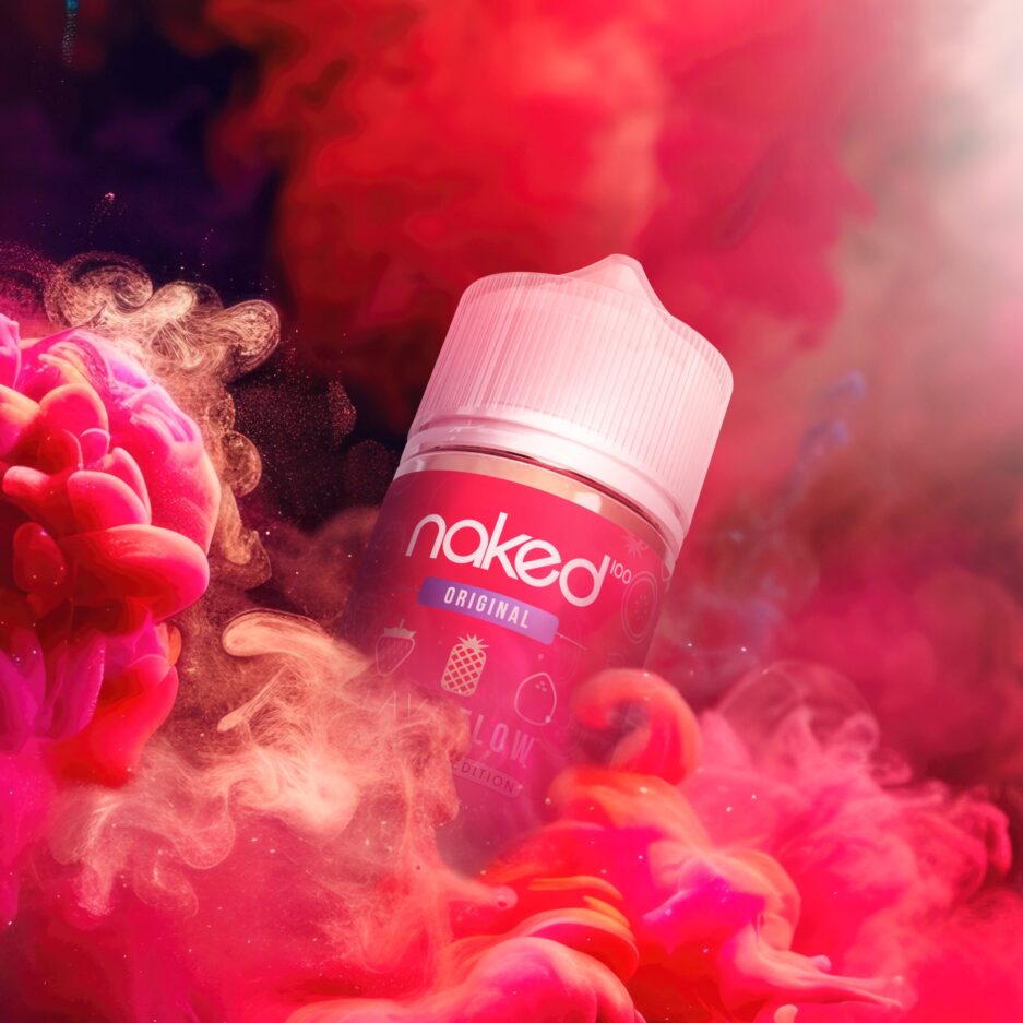 Naked100 Asia Lava Flow 60mL is peering out of a cloud of red smoke, with a big cloud of red smoke in the background, with dramatic lighting