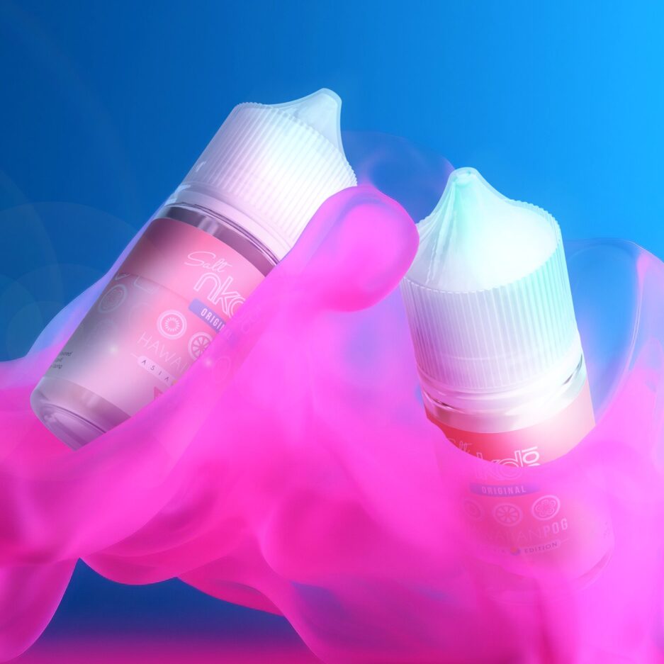 2 Naked100 Hawaiian POG bottles are floating in the air as a neon pink cloud of smoke covers them, with a neon blue seamless background giving a vibrant feeling.