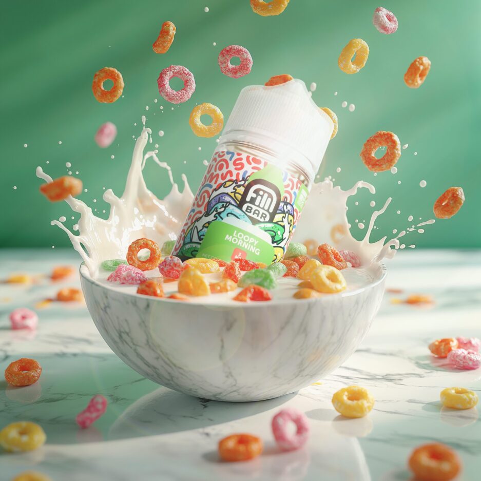 Fill Bars Loopy Morning is diving into a bowl of fruit circles cereal, exemplifying exactly what the product taste like, in a comforting marble floor and green wall setting with light coming from the right side giving a hint of dramatics.