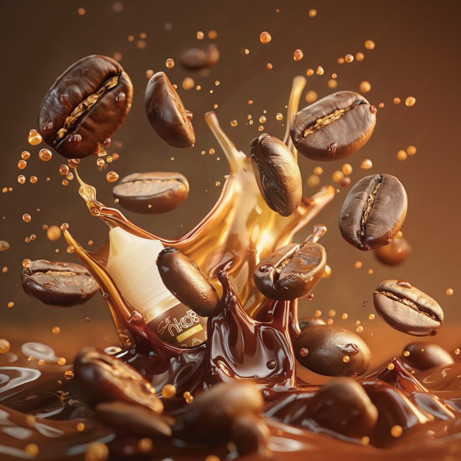 A product photo with the main focus being the ingredients Naked100 Colombia's Colombian coffee flavor has to offer. It is a tight shot with a sea of coffee as the floor and a seamless brown background gradient, with a big splash of coffee rising and coffee beans rising form the splash and the bottle is sinking into the coffee.