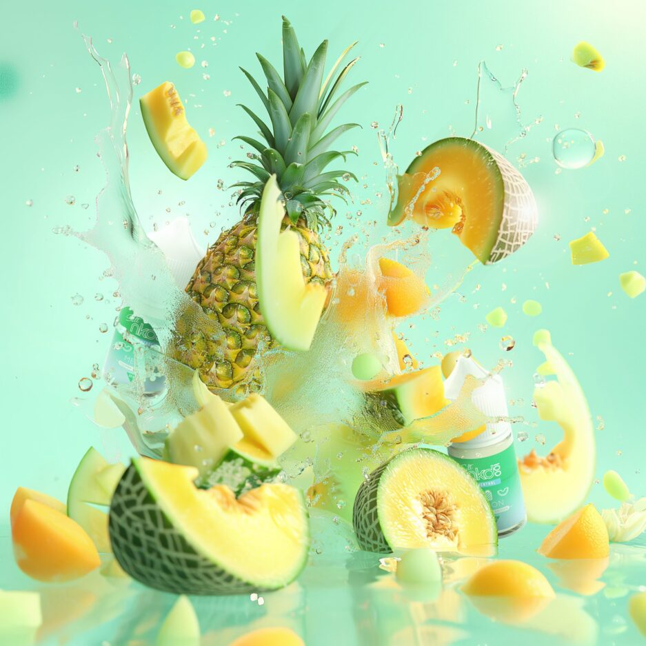 A product shot with cool green color tones, a watery floor with a seamless background, a giant splash in the center of the image with an assortment of cantaloupes, melons, and pineapple slices causing the big splash. In between the fruits and the splash are two bottles of Naked100 Colombia's Melon to signify the immense flavor the product holds.