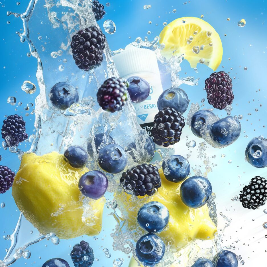 A product photo with blue and white color tones. A tight show showing a big splash of water mixed with blueberries, blackberries, and lemons all rising in the air and spreading out, with Naked 100's Really Berry in the midst of the splash and fruits.