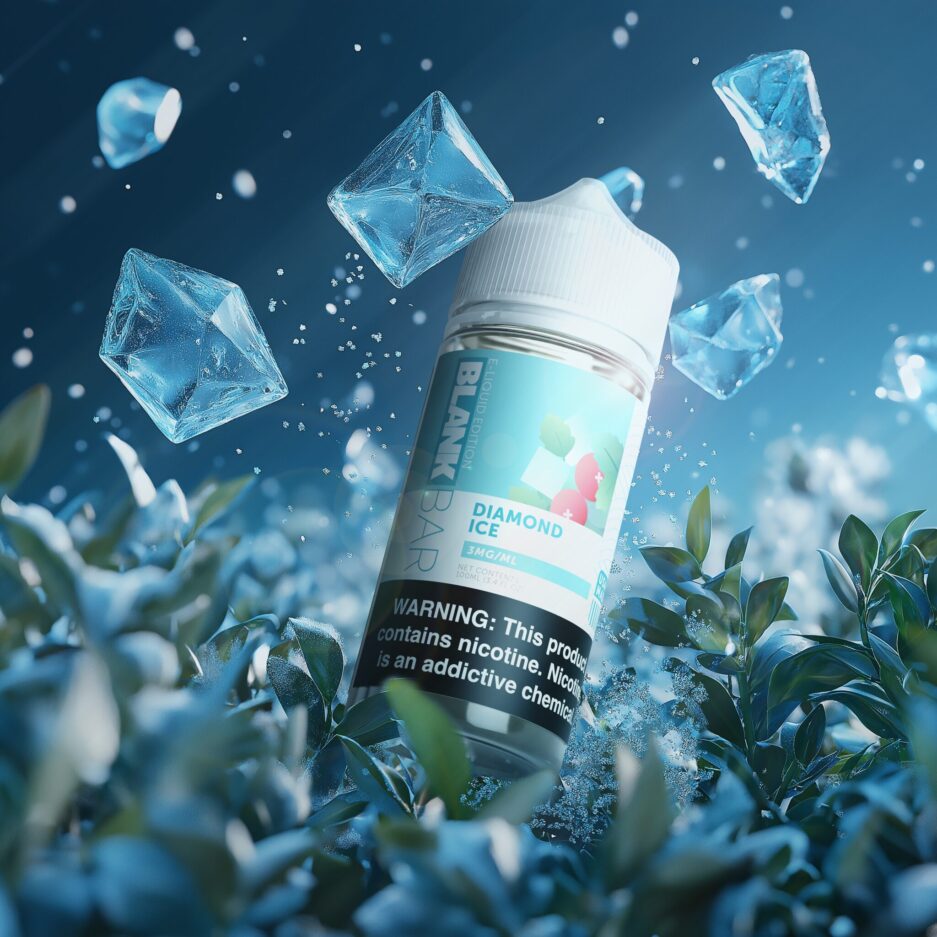 Blank Bars Diamond Ice Sits at the center of the image with the floor being wintergreen stems sticking out from below, while diamond shaped ice cubes are flying on top of the bottle and specs of snow and frost are flying in the air. the area is layered with blue color tones with a need blue seamless sky.