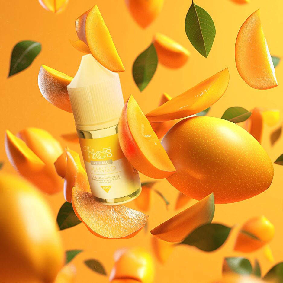 A product shot with a vibrant orange seamless background, mango slices and mango leaves flying in the air all throughout the image with Naked100 internationals Mango at the center of the image between mangoes.