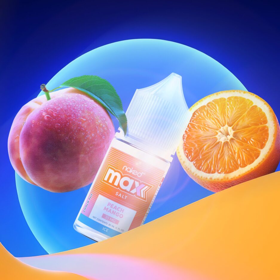 Naked100 MAX Peach Mango is flying in the center behind a vibrant color wave of orange. Behind the bottle is a deep blue background with a neon blue circle illuminating the area, as a peach and orange are on the sides of the bottle.