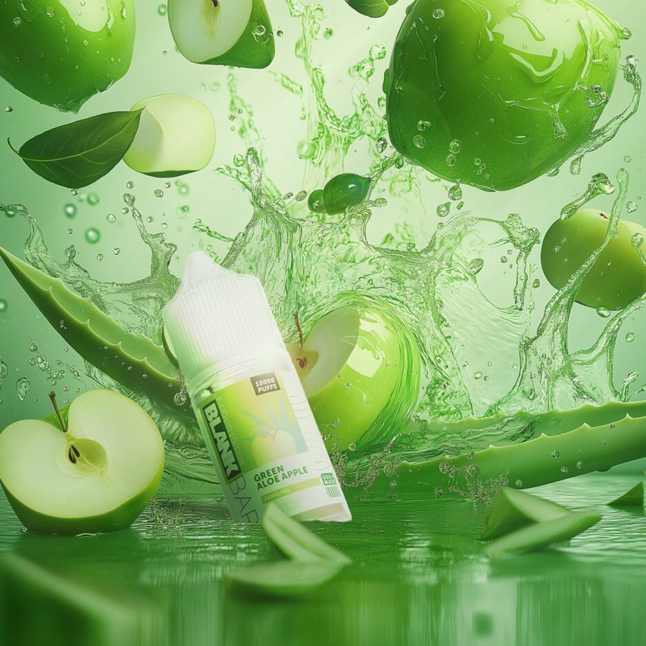 A product shot with a green ocean for the floor and a light green seamless sky. A big splash rises from the floor as an aloe plant crashes into the liquid, green apples are flying in every direction with Blank Bars Green Aloe Apple floating in the foreground of the image illuminated by the light from above.