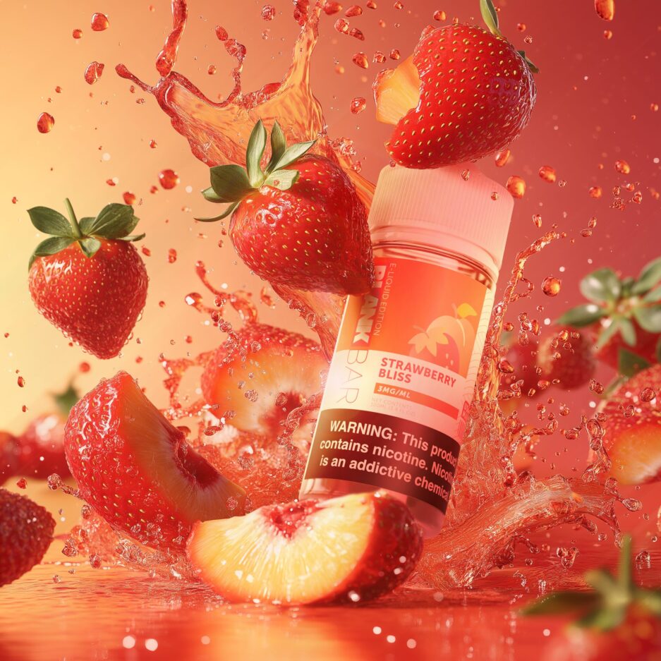 A red floor flooded with a red liquid, a seamless red and orange background, a big splash from the floor into the air with strawberries and pieces of peaches thrown into the air, Blank Bars Strawberry bliss is at the center of the splash. The set up is to give off the sense of the packed and explosive flavor the product carries.