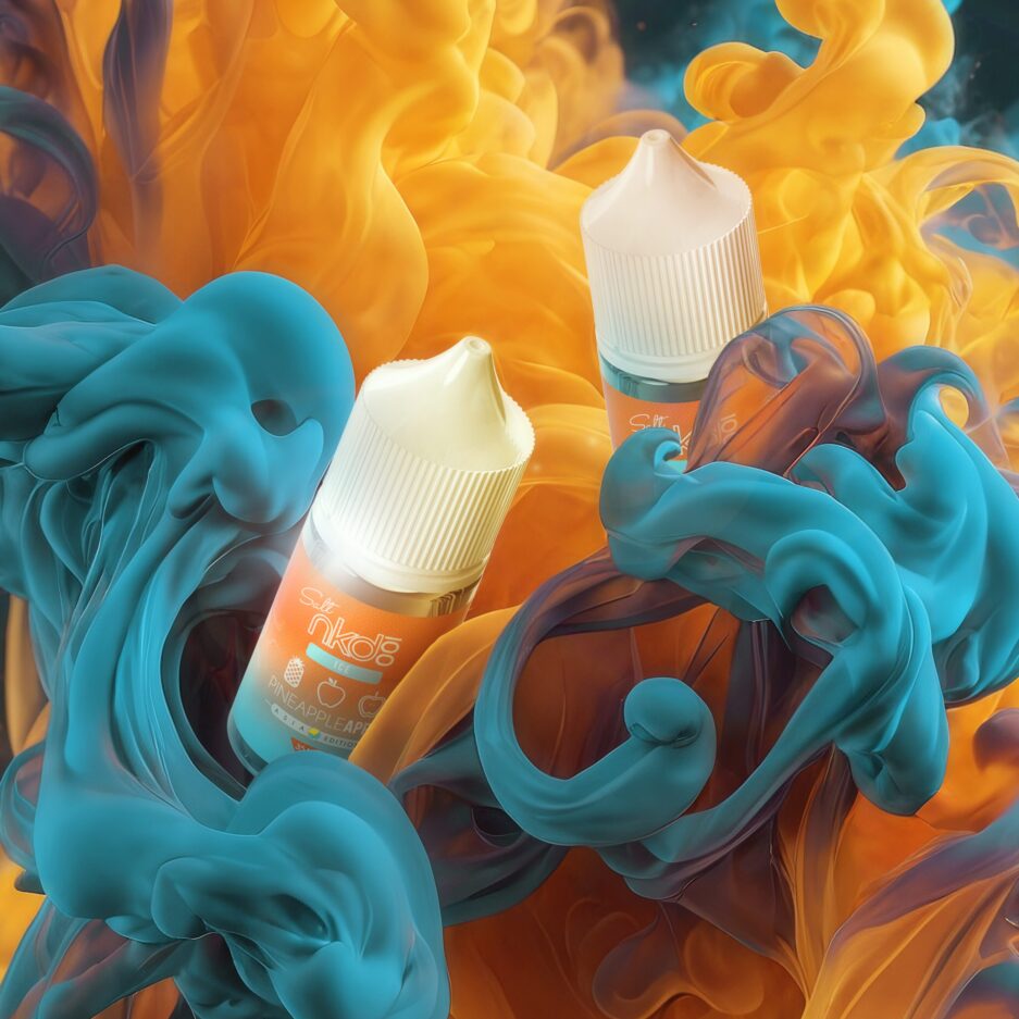 A product shot of two bottles of Naked100 Asia's Pineapple Apple floating through a massive cloud of orange and blue smoke that covers the whole image space.