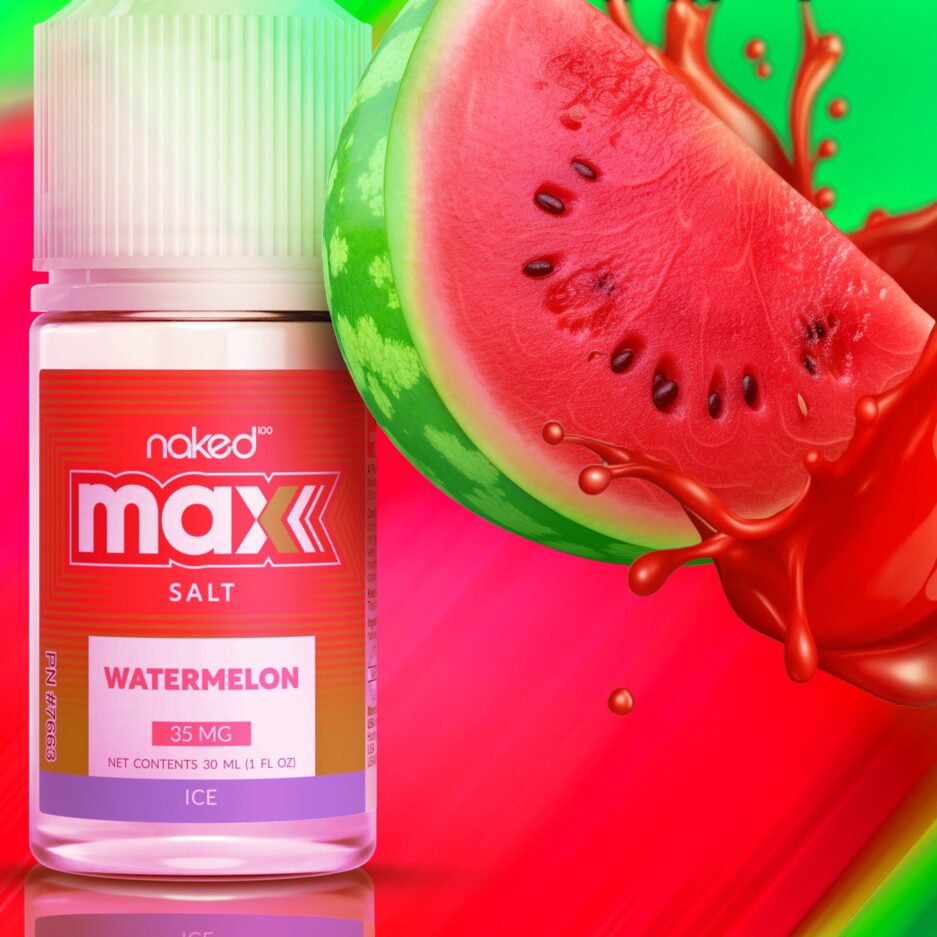 Naked100 MAX Watermelon stands to the left with a vibrant red background behind it, a watermelon slice is slightly covering the bottle with watermelon juice splashing in from the right. A slight green color appears from the right sides of the image.