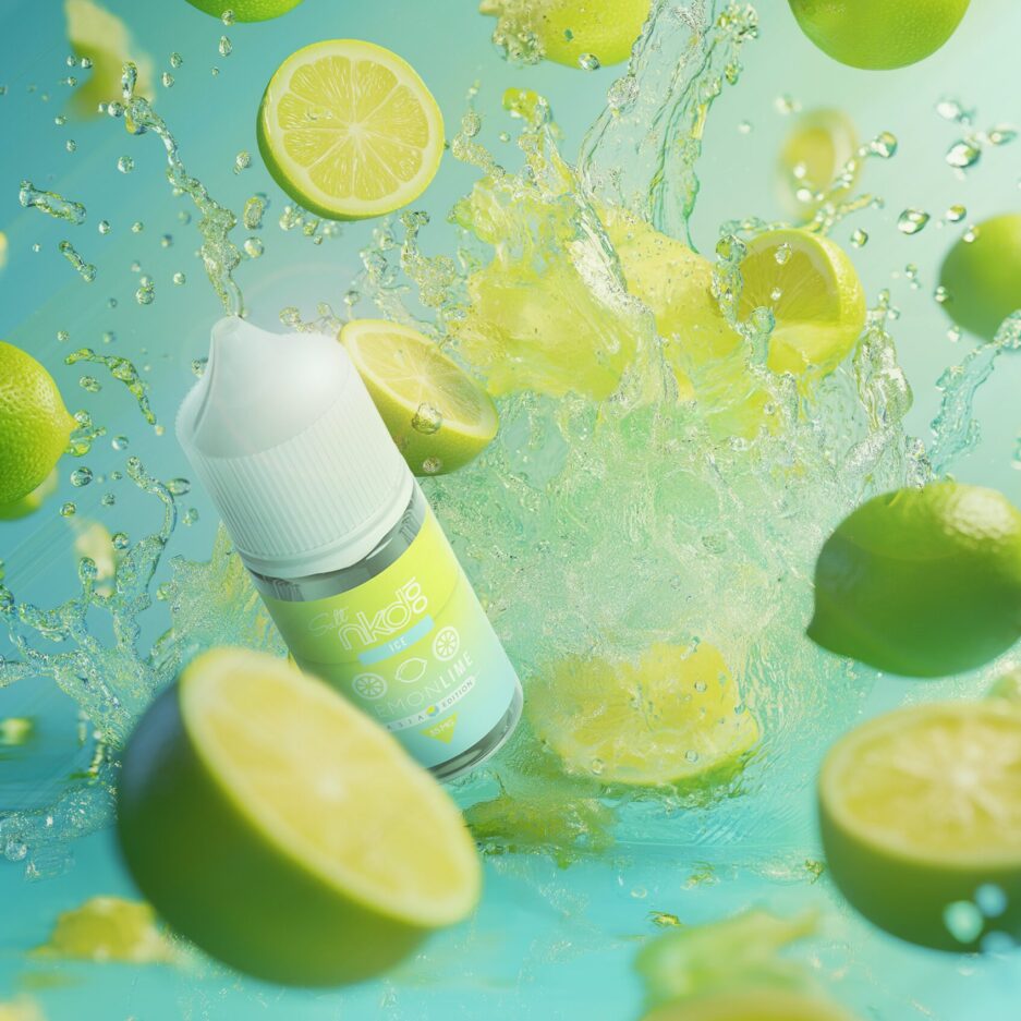 A product shot of Naked100 Asia's Lemon Lime splashing out of the cool water as a big splash of limes come out of the water all around.