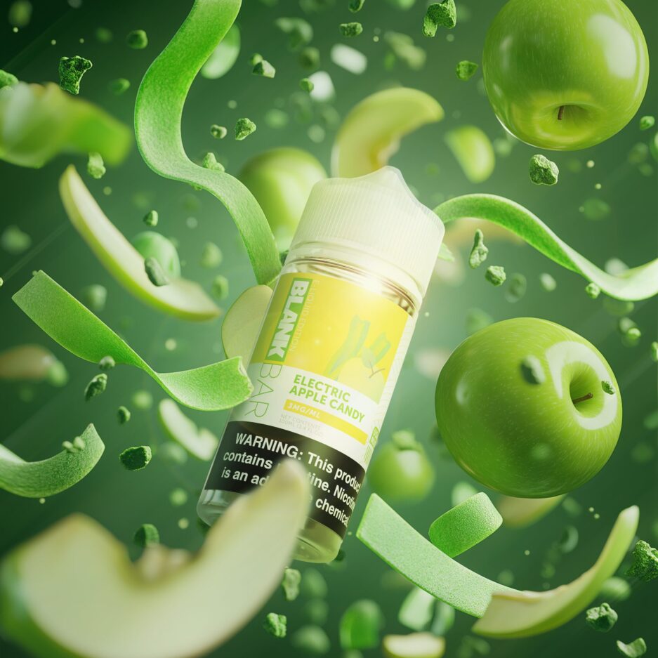 A product shot with green color tones and a deep green seamless background, Green apples flying in the air in the foreground and background, Green sourbelts fly in every direction with Blank Bars Electric Apple Candy in the center illuminated by the light.