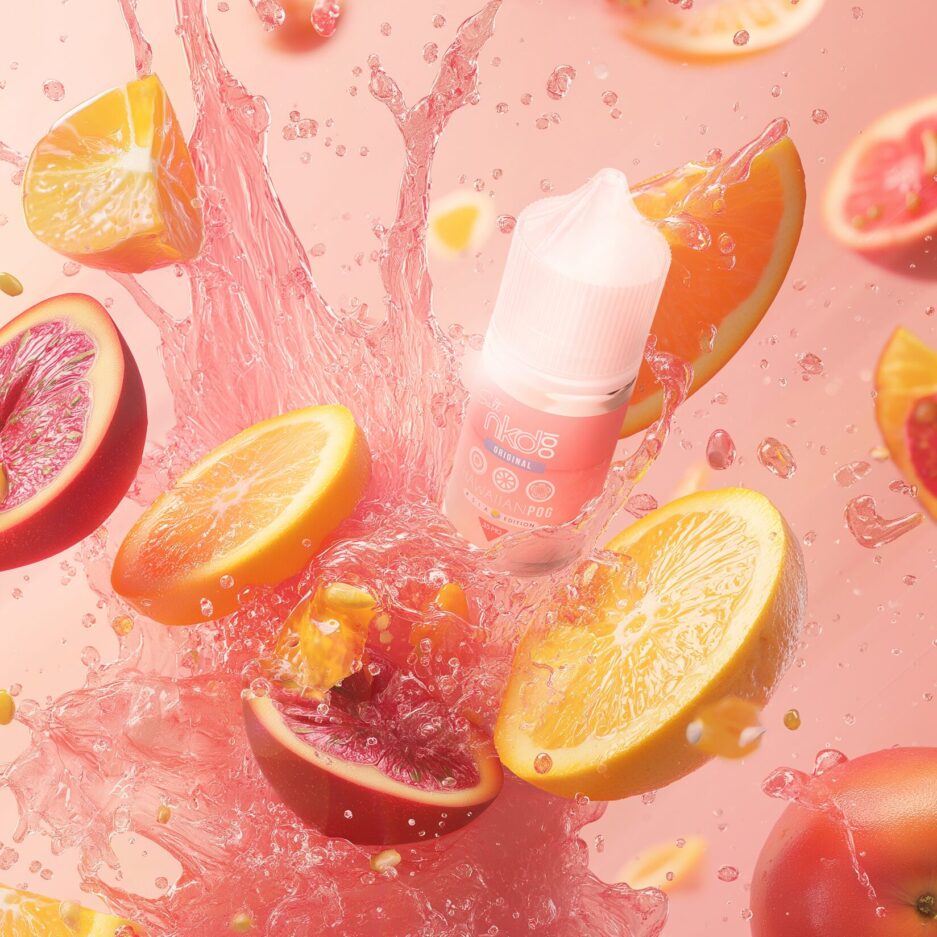 A product shot with a big splash of pink liquid juice going up in the air with oranges and passion fruits flying in the air as well mixed in with the liquid. Naked 100's Asia Hawaiian POG is flying in the air as well with the rest.