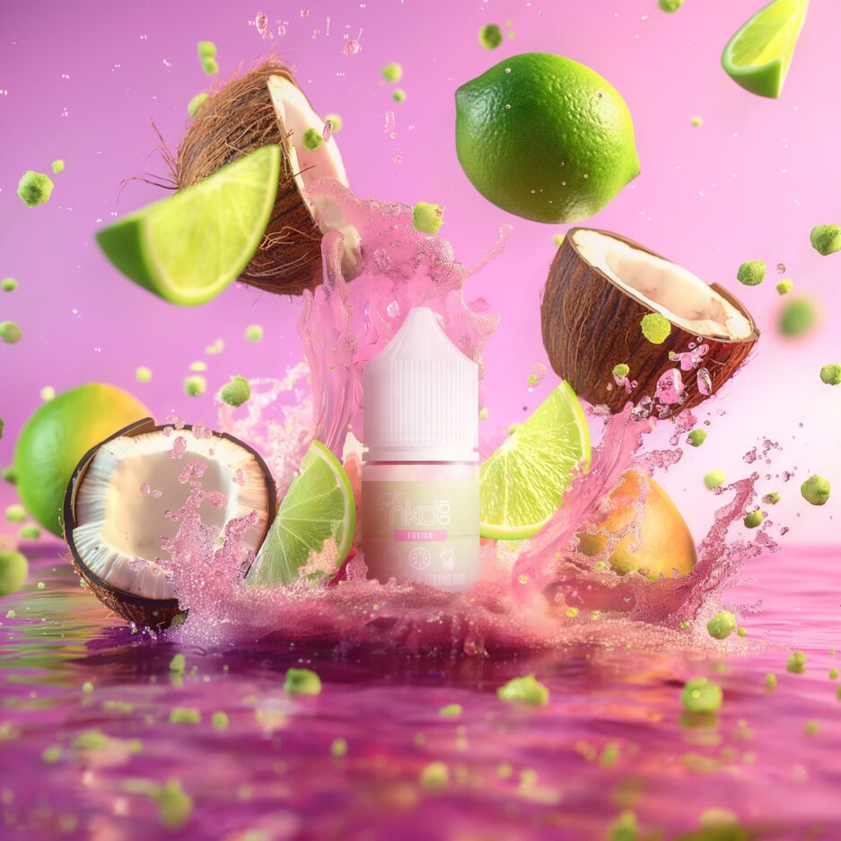 A product shot with an ocean of pink liquid and pink seamless background. A big splash in the center of the photo with Naked100 Colombia's Coconut Limeade at the main center, with limes and coconuts spreading away from it.