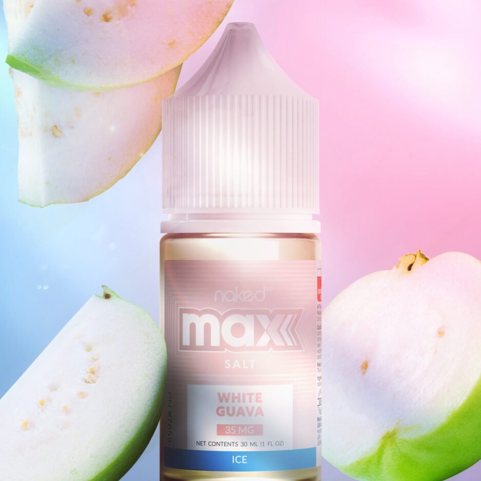 Naked100's MAX White Guava stands front and center as white guavas surround it, with a white and blue background gradient in the background with dramatic lighting