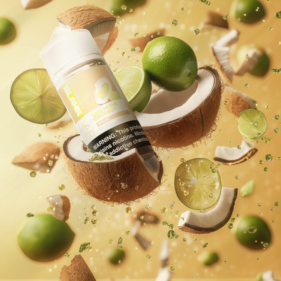 A product shot of Blank Bars Lime in the Coconut floating in the air with coconut pieces and limes all smashing into each other with lime juice splashing around, tan color scheme.