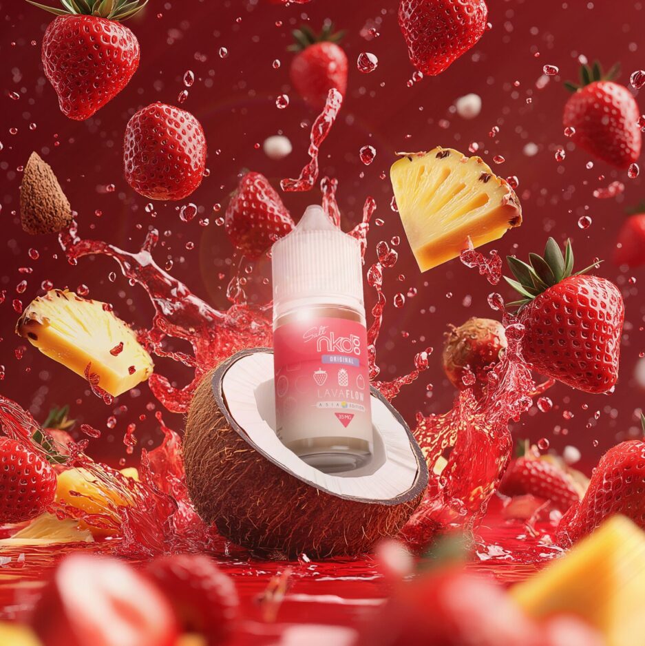 A product shot with red color tones, a red sea of liquid at the bottom where strawberries, pineapples, and coconuts are floating on. Naked 100 Asia's Lava Flow is sitting on top of an opened coconut.