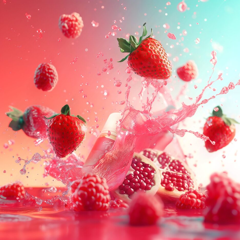 A red liquid sea with a red and blue seamless background gradient. A big splash from the center of the image with pomegranates and strawberries flying in the air and in the liquid. Naked 100 Colombia's Strawberry Pom is partially hidden in the splash and is falling back in the liquid.