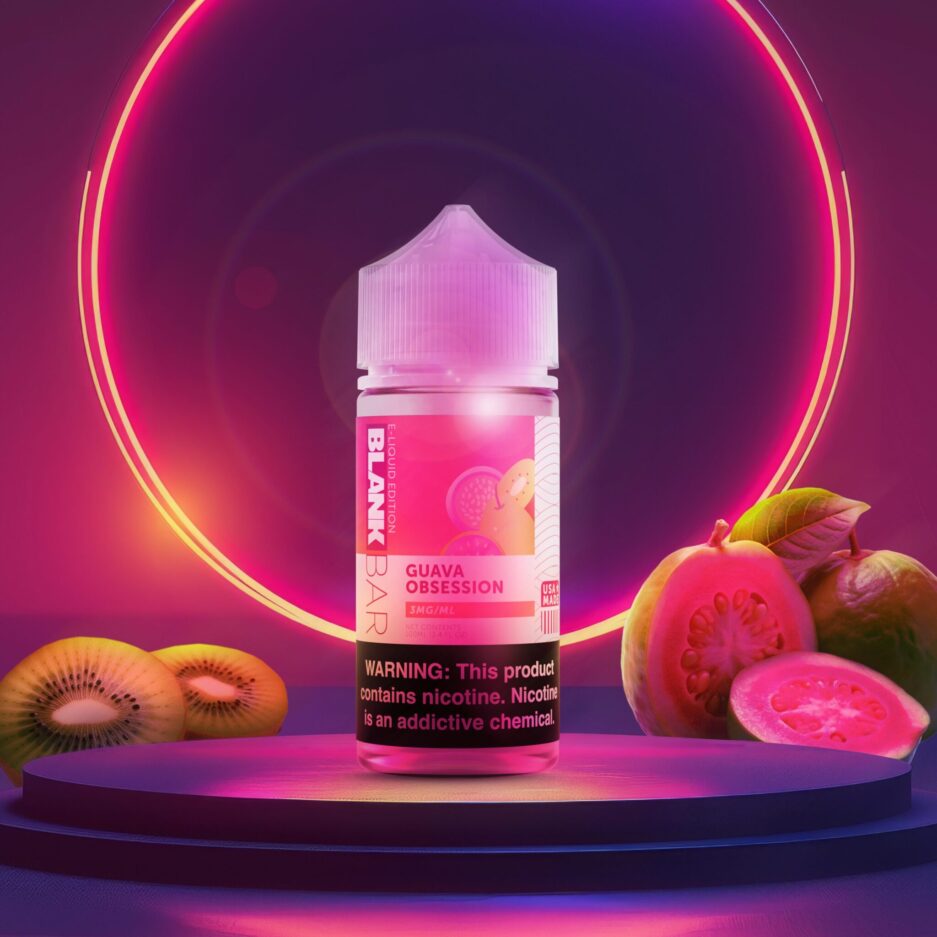 Blank Bars Guava Obsession stands front and center on a purple podium with a glowing pink and yellow neon circular light behind the illuminates the room for dramatic lighting, while Kiwis and Guavas reside on the sides of the bottle.