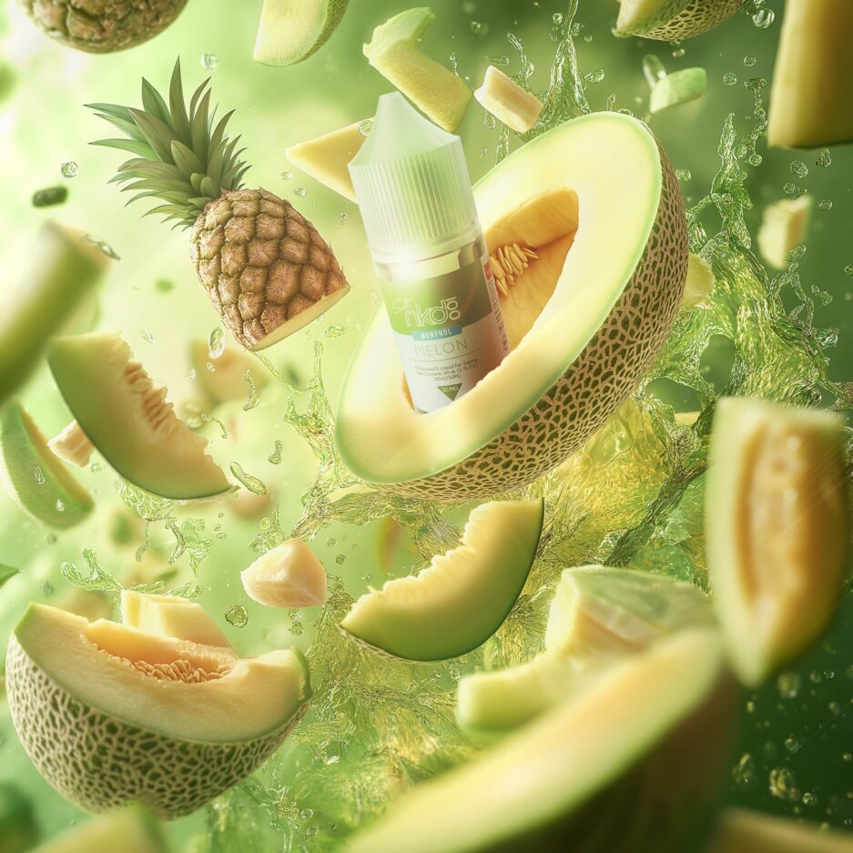 Pineapples, Melons, and cantaloupe pieces flying in the air with fruit juice splashing in all directions, all in a green setting with a light illuminating the scene from the top left, with Naked100 Salt Melon at the center sitting in a piece of cantaloupe.