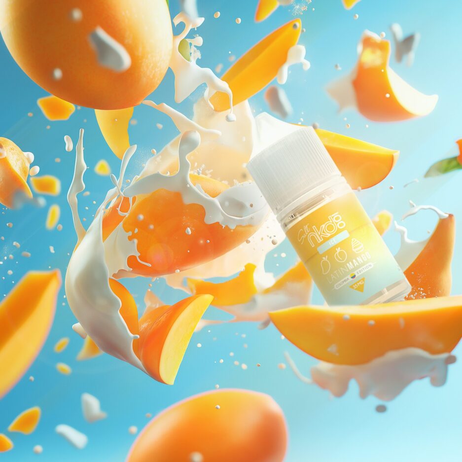 A baby blue seamless background to give an icy cool feel to the image. A mix of sliced mangoes going in different directions combined with crem latched onto the fruits and splashing into the air with Naked100 Colombia's Latin Mango at the center right of the image, eluding to the flavor that this product comes with.